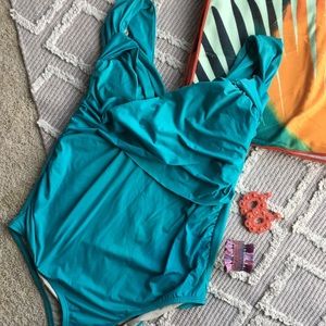 Motherhood Maternity Wide Strap Teal Swimsuit